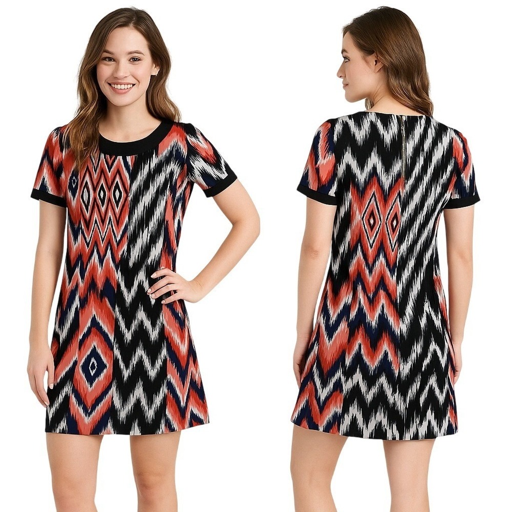 Jones New York Ikat Geometric T Shirt Dress 8 Red White Blue Gold Zip Stretch